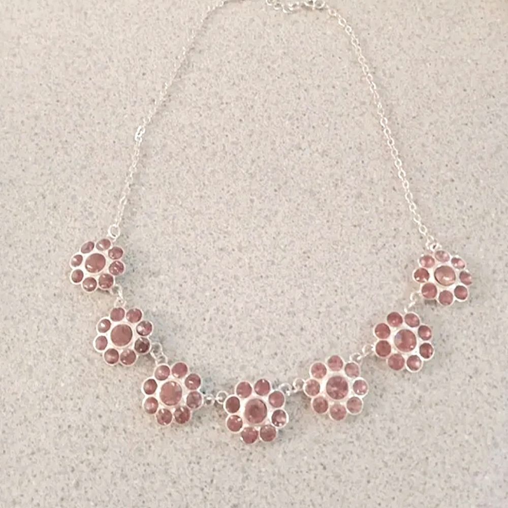 Vintage Avon Silver tone Pink Crystal Flower Disc Choker Necklace 17" W/3...
